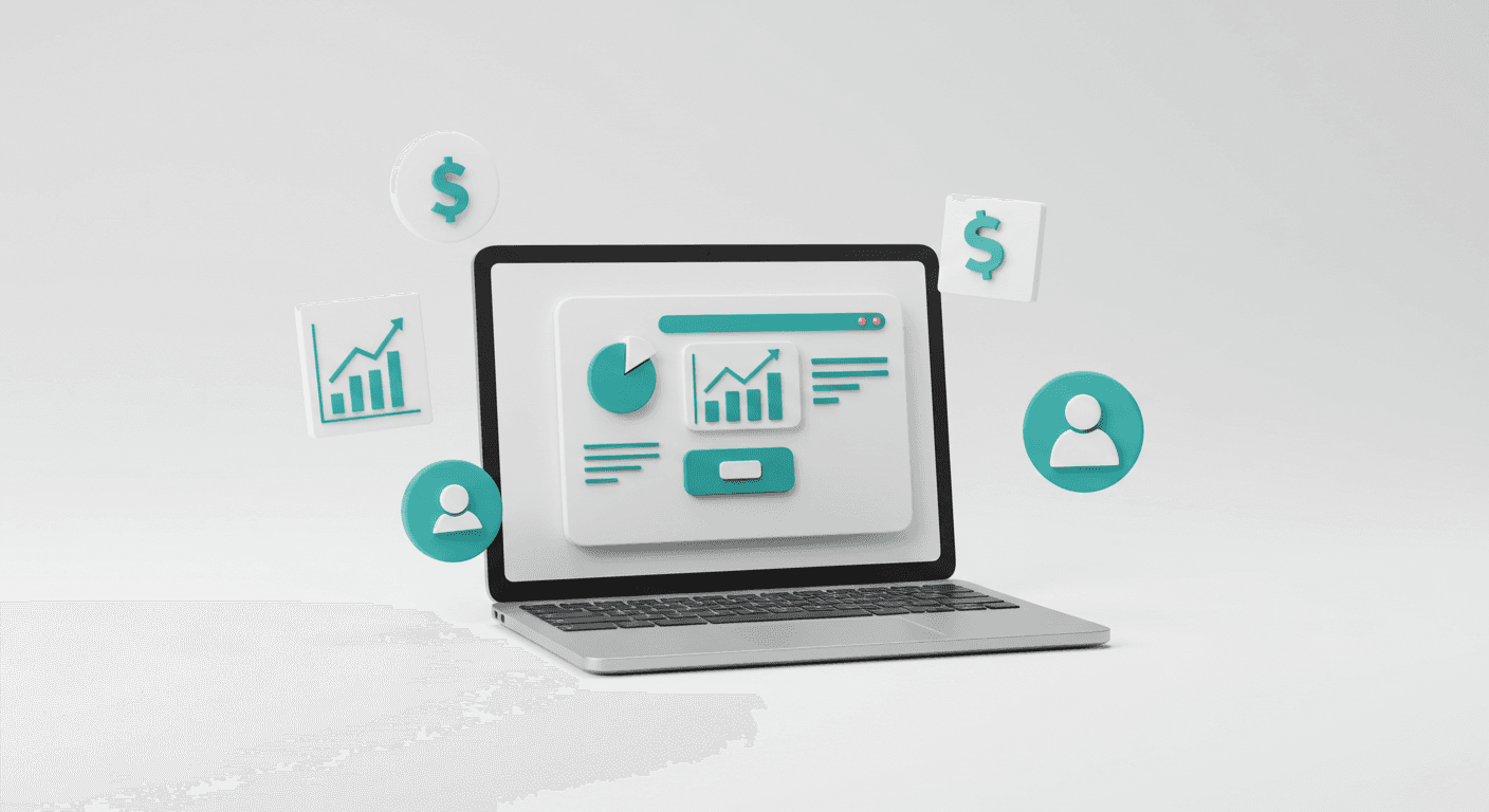 Ilustração 3D minimalista com notebook central exibindo landing page, ao redor três ícones flutuantes (gráfico de crescimento, cifrão e avatar de usuário), fundo branco e detalhes em teal.