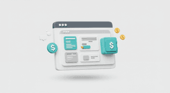 Ilustração 3D de janela de navegador flutuante mostrando layout de site profissional ao lado de etiqueta de preço com símbolo de dólar sobre fundo branco.