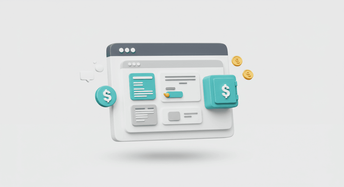 Ilustração 3D de janela de navegador flutuante mostrando layout de site profissional ao lado de etiqueta de preço com símbolo de dólar sobre fundo branco.